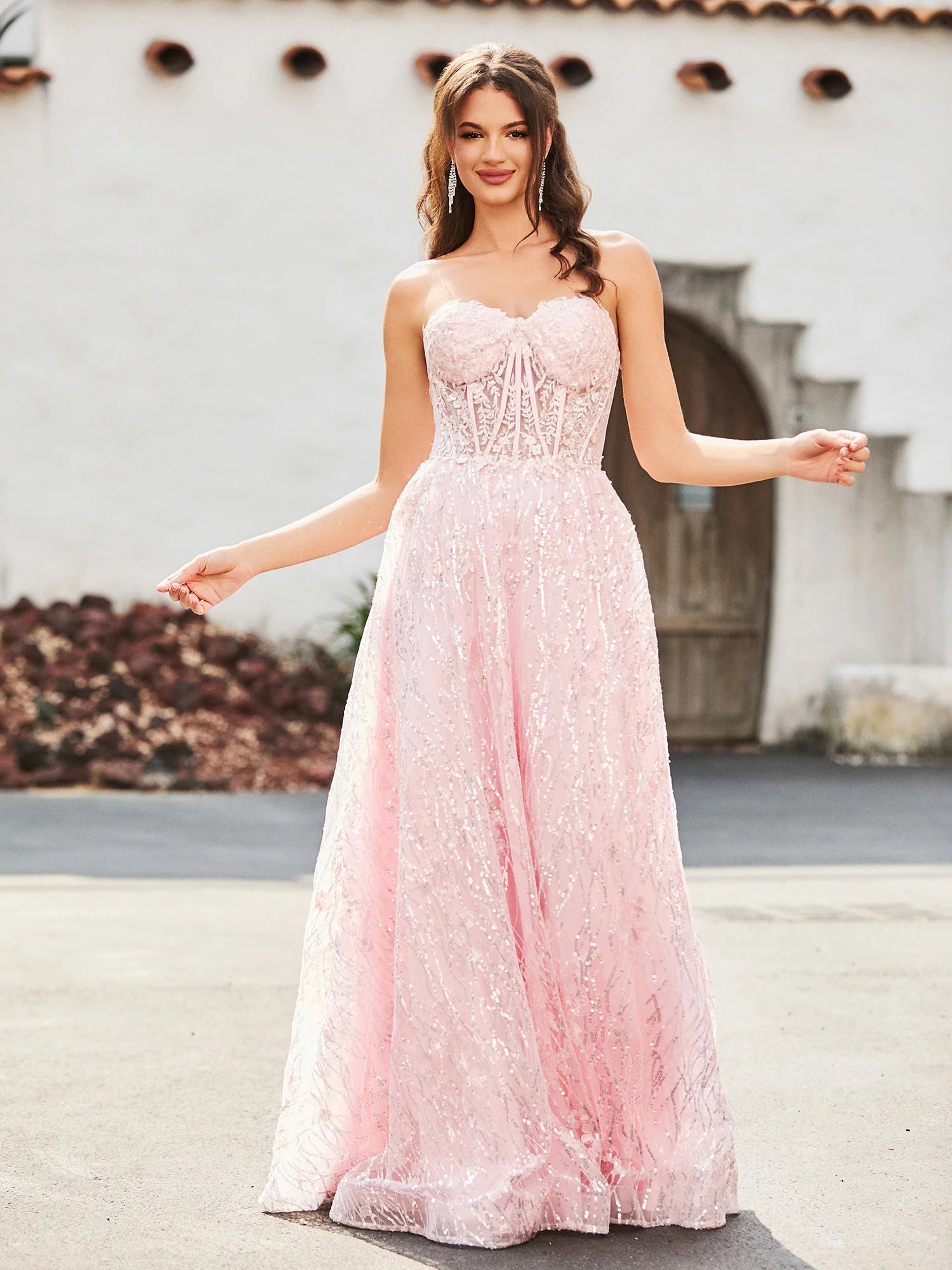 Blush Pink Strapless Sequin Corset A-Line Evening Gown Evening Dress