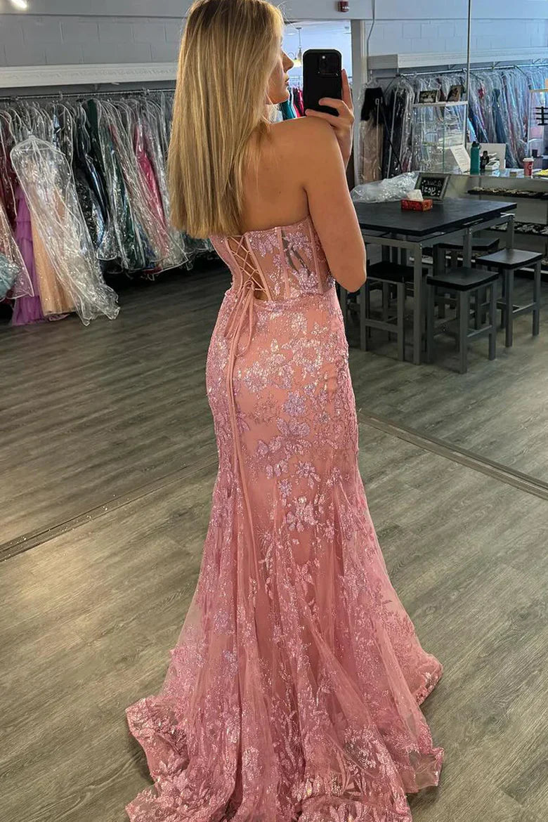 Blush Pink Strapless Sequin Floral Mermaid Prom Dress with Corset Back and Train