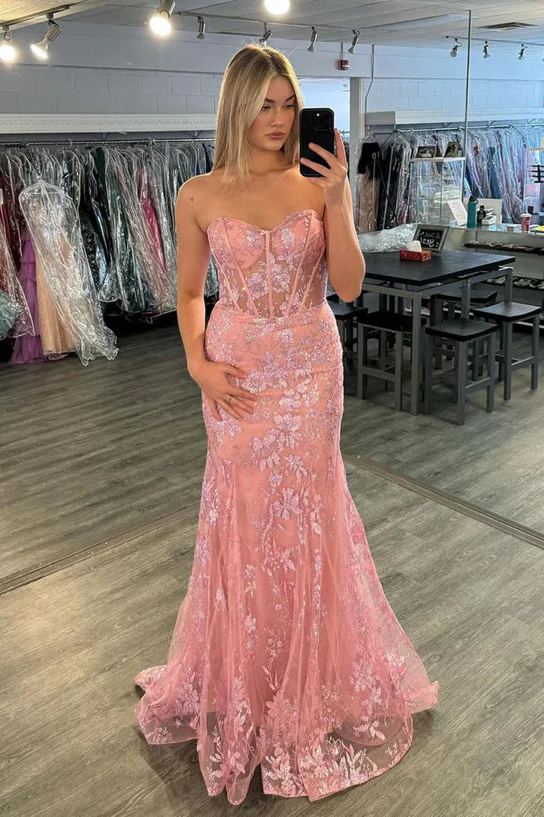 Blush Pink Strapless Sequin Floral Mermaid Prom Dress with Corset Back and Train