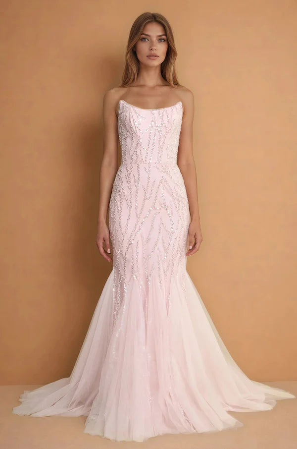 Blush Pink Strapless Sequin Mermaid Evening Dress