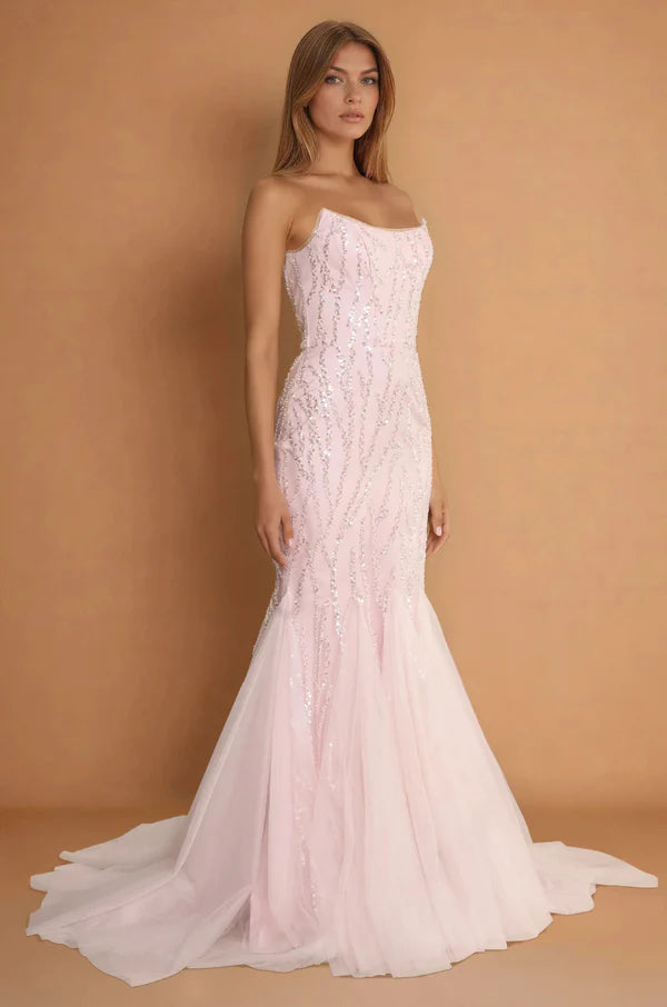 Blush Pink Strapless Sequin Mermaid Evening Dress