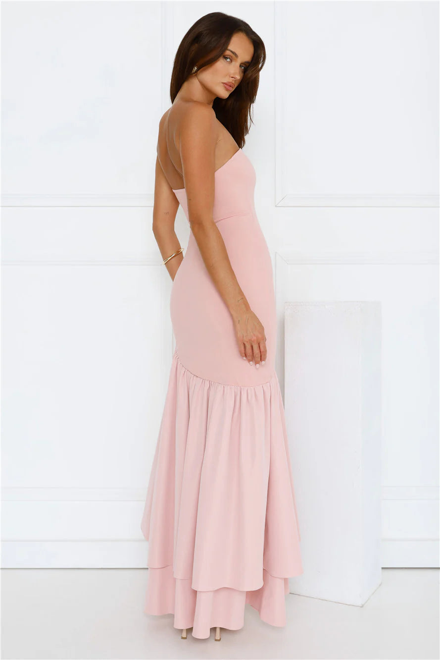 Blush Pink Strapless Tiered Ruffle High-Low Mermaid Evening Dresses