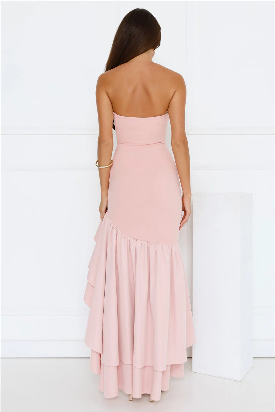 Blush Pink Strapless Tiered Ruffle High-Low Mermaid Evening Dresses