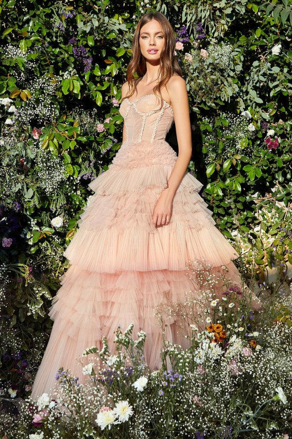 Blush Pink Strapless Tiered Tulle Lace-Up Back Maxi Evening Dresses