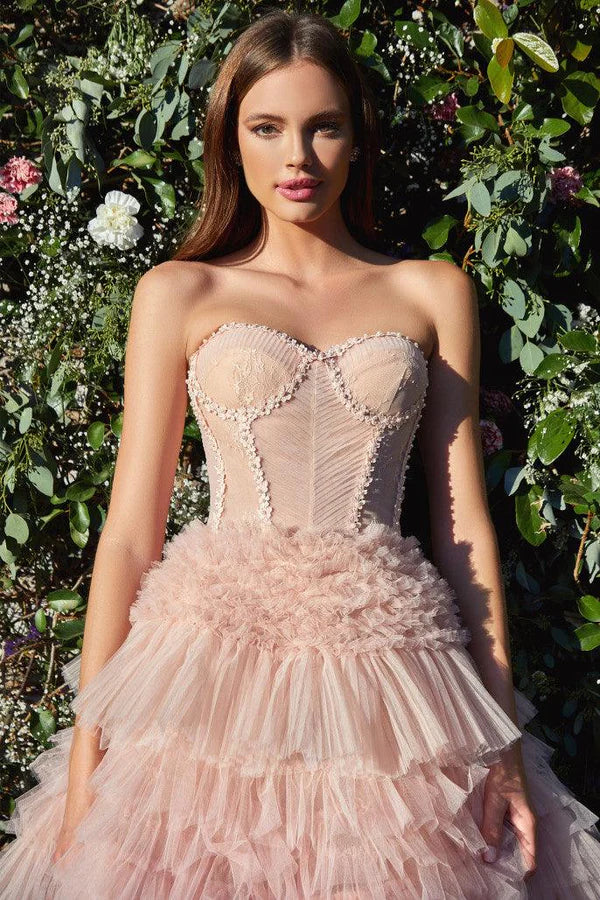 Blush Pink Strapless Tiered Tulle Lace-Up Back Maxi Evening Dresses