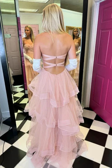 Blush Pink Strapless Tiered Tulle Prom Dress with Lace-Up Back