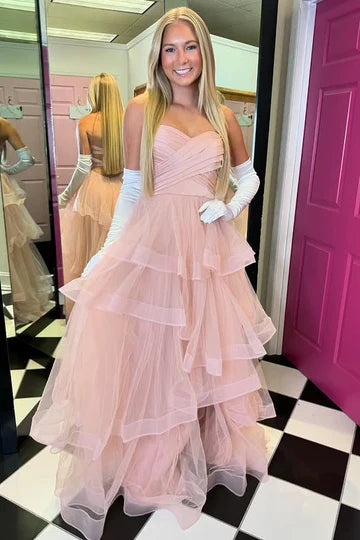 Blush Pink Strapless Tiered Tulle Prom Dress with Lace-Up Back