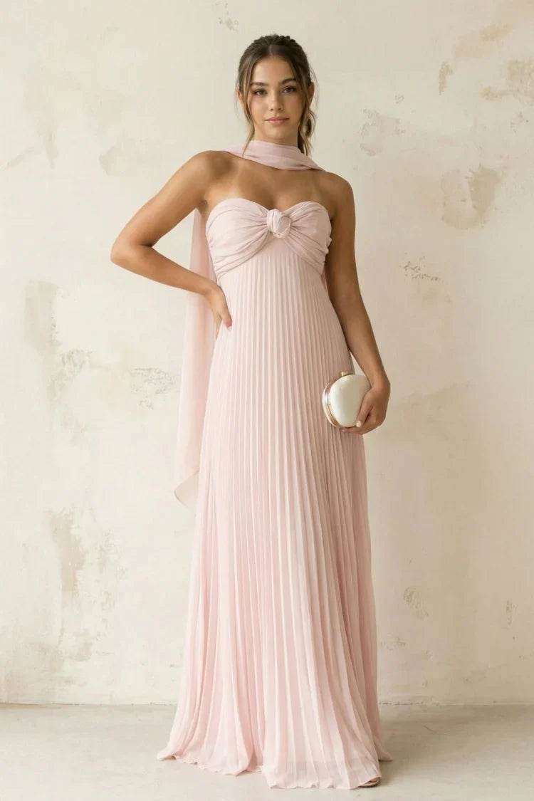 Blush Pink Strapless Twist Knot Pleated Maxi with Shawl Prom Dress