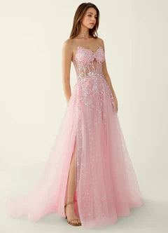 Blush Pink Tulle Beaded Strapless A-Line Evening Dresses