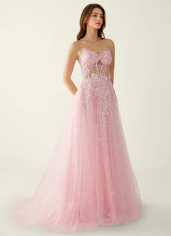 Blush Pink Tulle Beaded Strapless A-Line Evening Dresses
