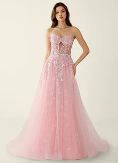 Blush Pink Tulle Beaded Strapless A-Line Evening Dresses