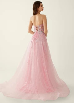 Blush Pink Tulle Beaded Strapless A-Line Evening Dresses