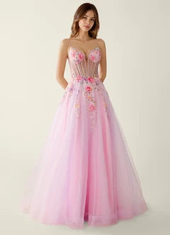 Blush Pink Tulle Floral Applique A-Line Evening Dresses