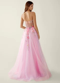 Blush Pink Tulle Floral Applique A-Line Evening Dresses