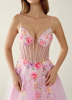 Blush Pink Tulle Floral Applique A-Line Evening Dresses
