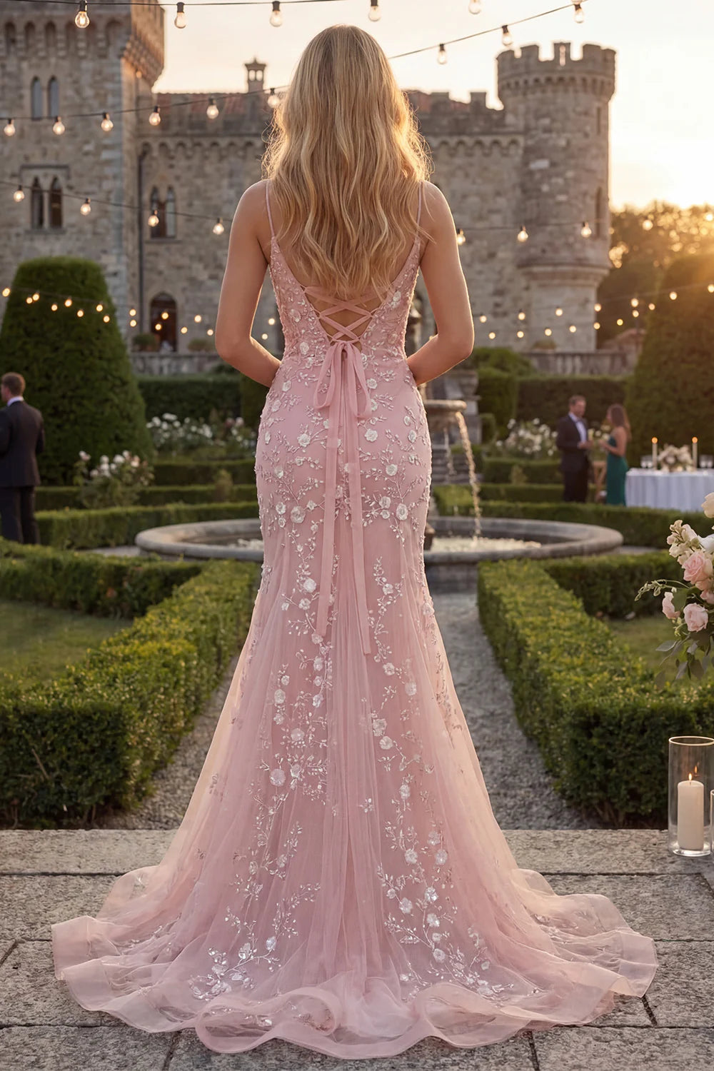 Blush Pink Tulle Floral Embroidery Lace-Up Back Mermaid Evening Dresses