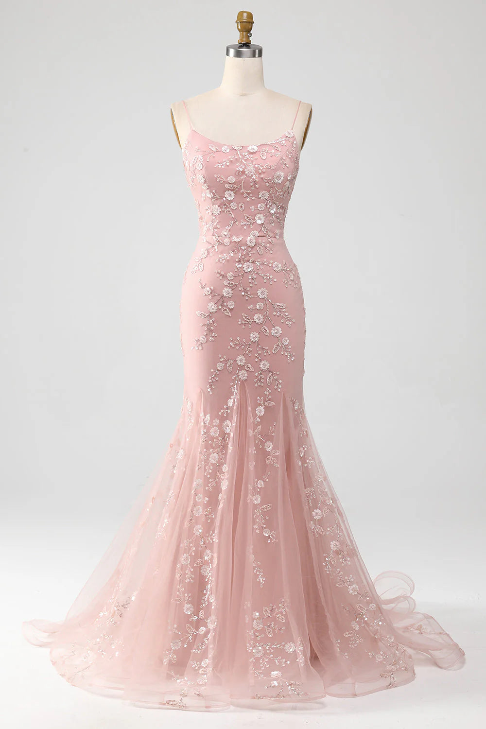 Blush Pink Tulle Floral Embroidery Lace-Up Back Mermaid Evening Dresses