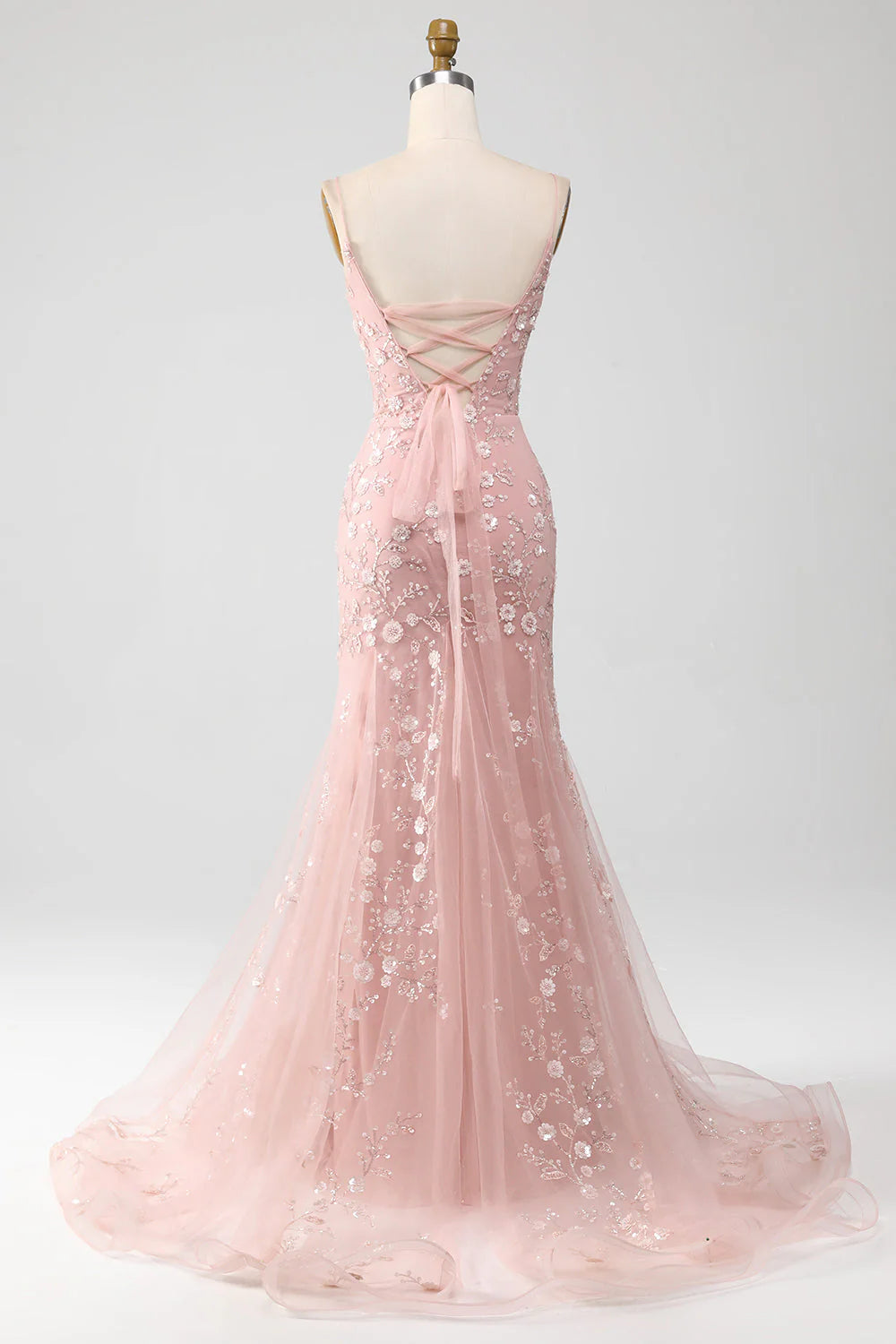 Blush Pink Tulle Floral Embroidery Lace-Up Back Mermaid Evening Dresses