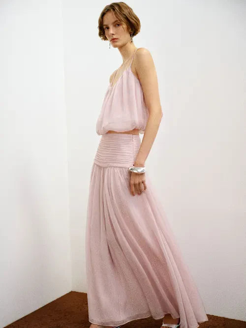 Blush Pink Two-Piece Spaghetti Strap Flowy Maxi Set Prom Dress