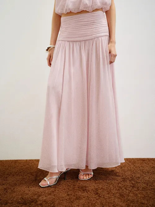 Blush Pink Two-Piece Spaghetti Strap Flowy Maxi Set Prom Dress
