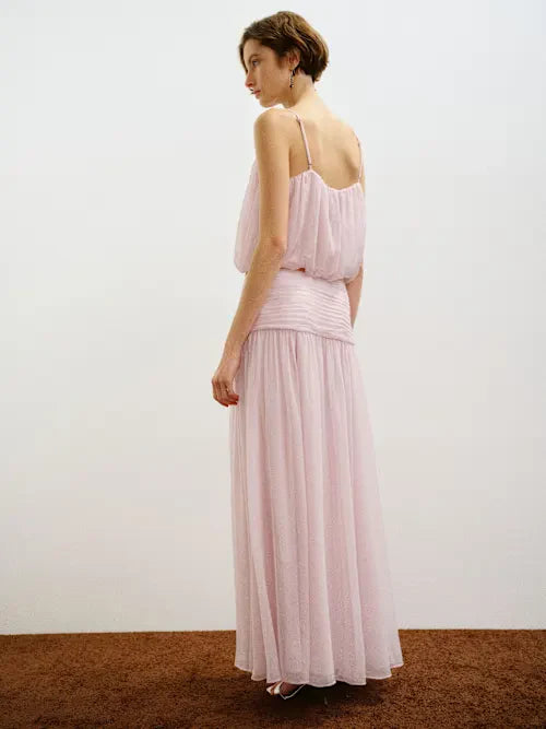 Blush Pink Two-Piece Spaghetti Strap Flowy Maxi Set Prom Dress