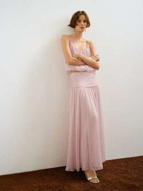 Blush Pink Two-Piece Spaghetti Strap Flowy Maxi Set Prom Dress