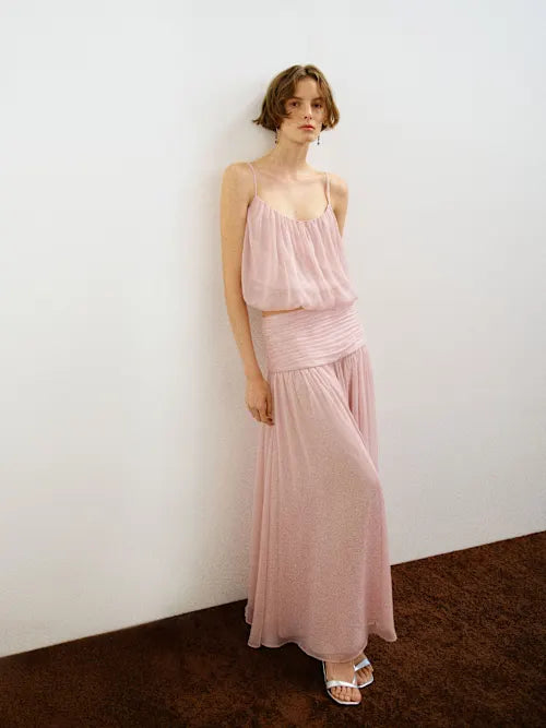 Blush Pink Two-Piece Spaghetti Strap Flowy Maxi Set Prom Dress