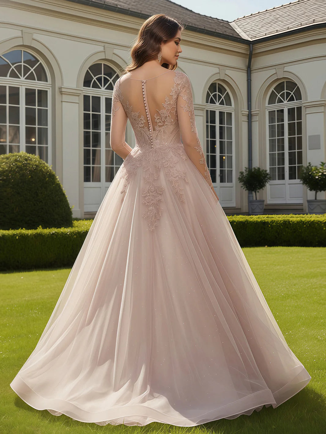 Blush Pink V-Neck Long Sleeve Lace Applique Open Back Ball Gown Wedding Evening Dresses