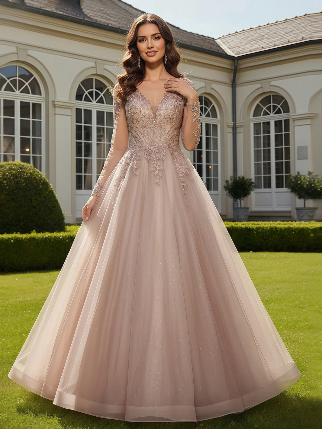Blush Pink V-Neck Long Sleeve Lace Applique Open Back Ball Gown Wedding Evening Dresses