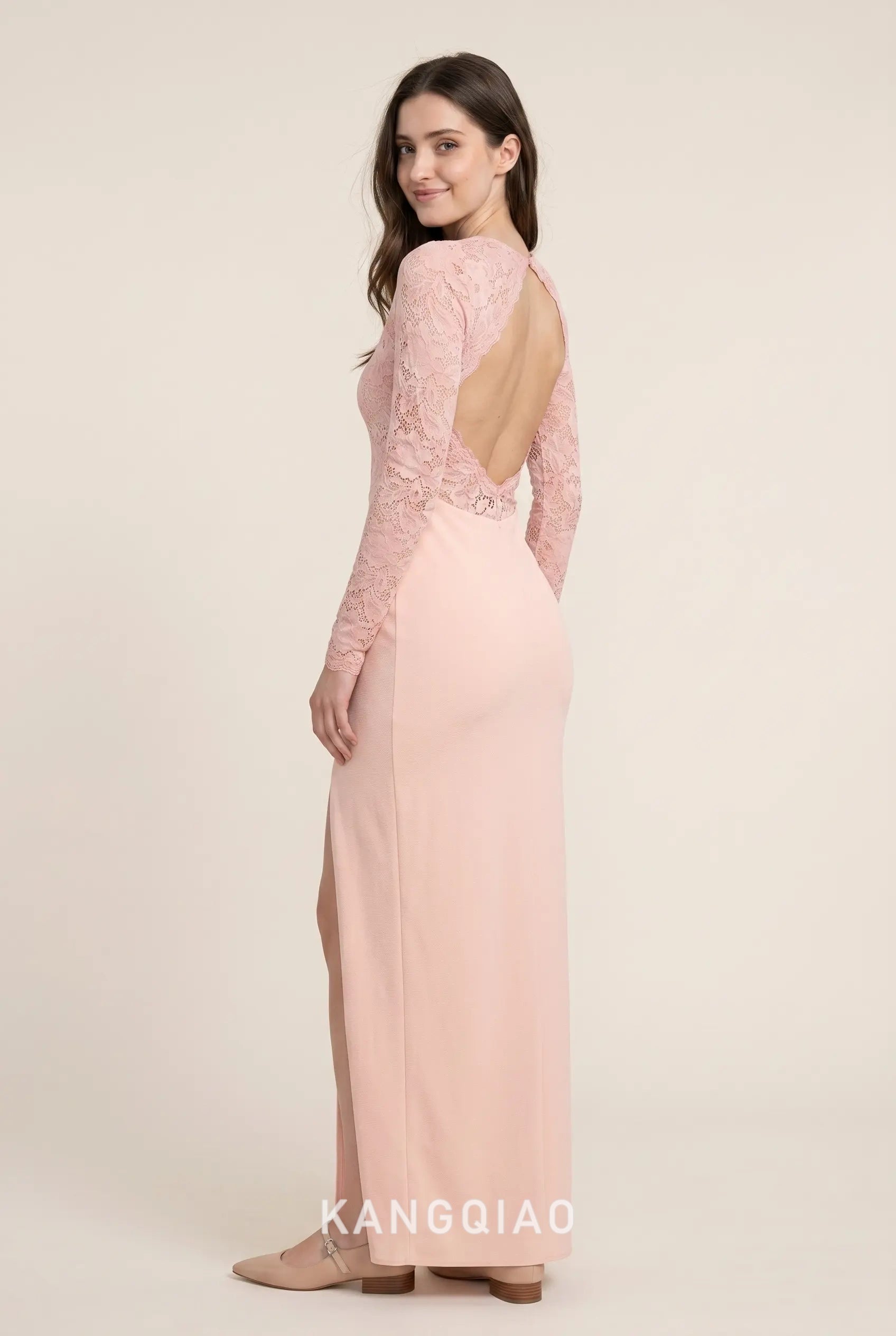 Blush Pink V Neck Long Sleeve Lace Bodice Open Back High Slit Crepe Floor Length Formal Evening Prom Dress
