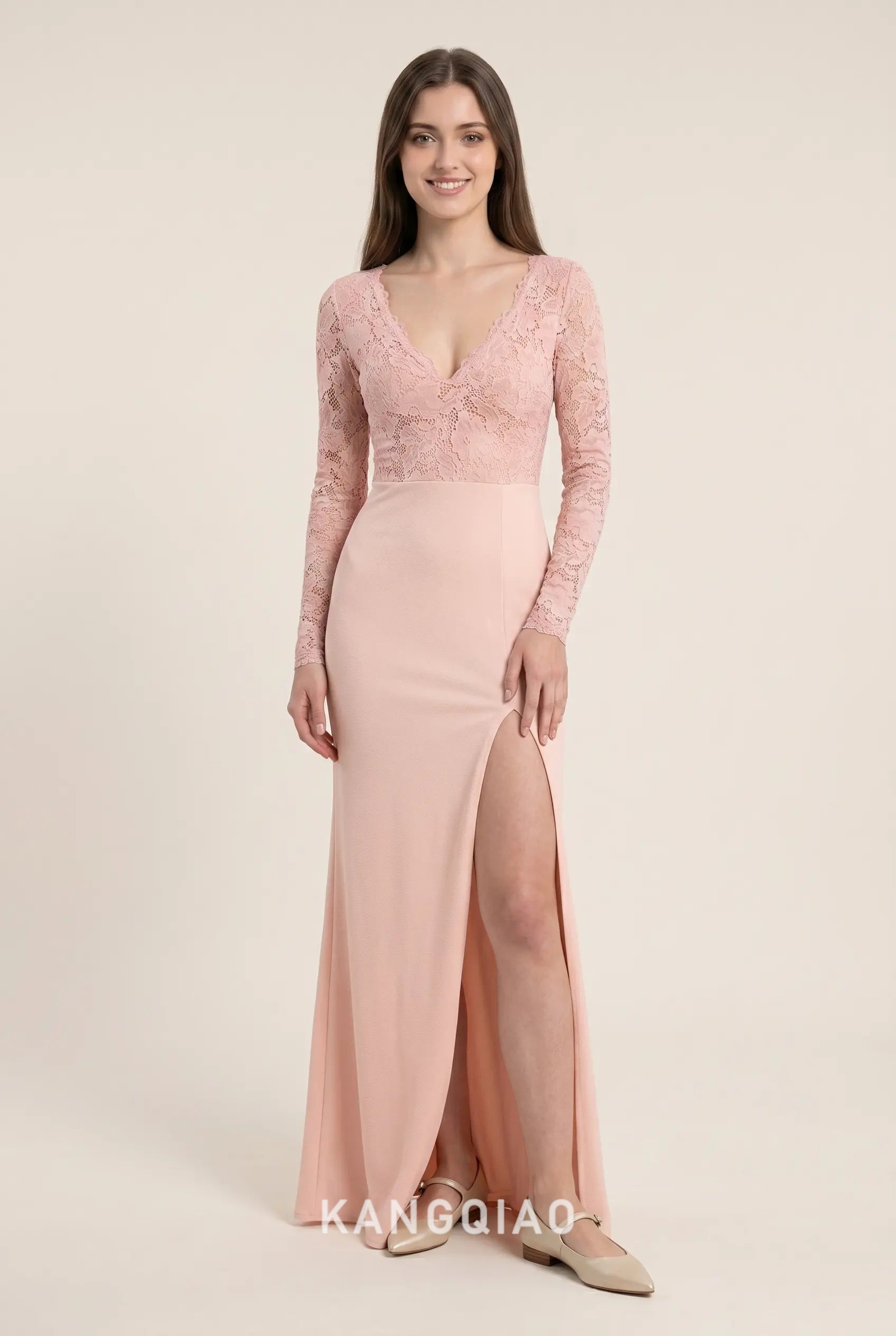 Blush Pink V Neck Long Sleeve Lace Bodice Open Back High Slit Crepe Floor Length Formal Evening Prom Dress