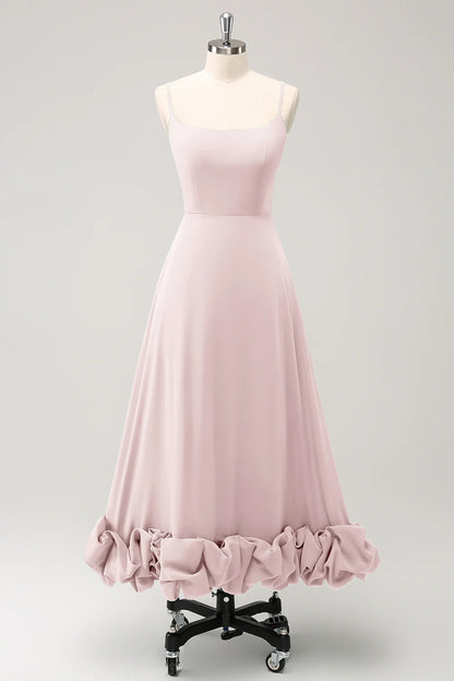 A Line Spaghetti Straps Ruched Long Bridesmaid Dress