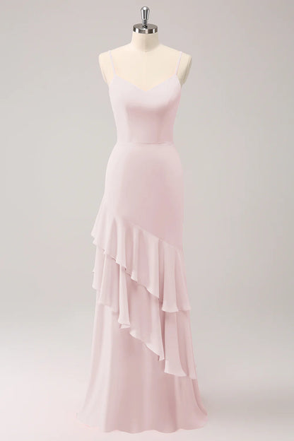 Mermaid Spaghetti Straps Long Bridesmaid Dress with Ruffles
