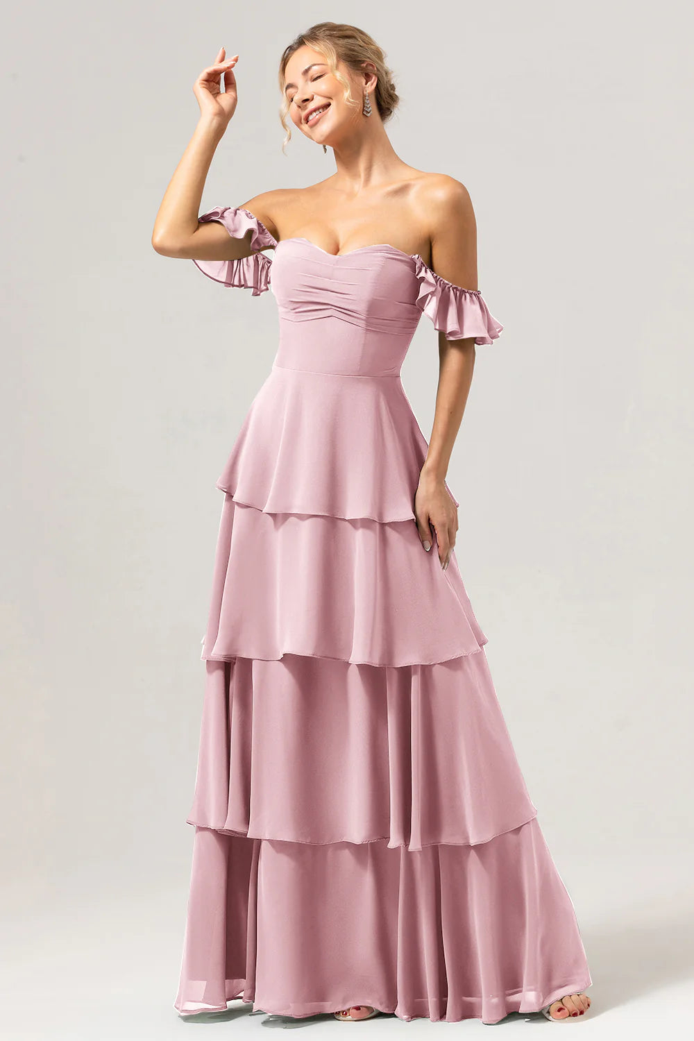 Eucalyptus A Line Off The Shoulder Tiered Long Bridesmaid Dress