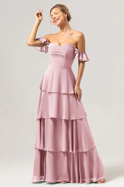 Eucalyptus A Line Off The Shoulder Tiered Long Bridesmaid Dress