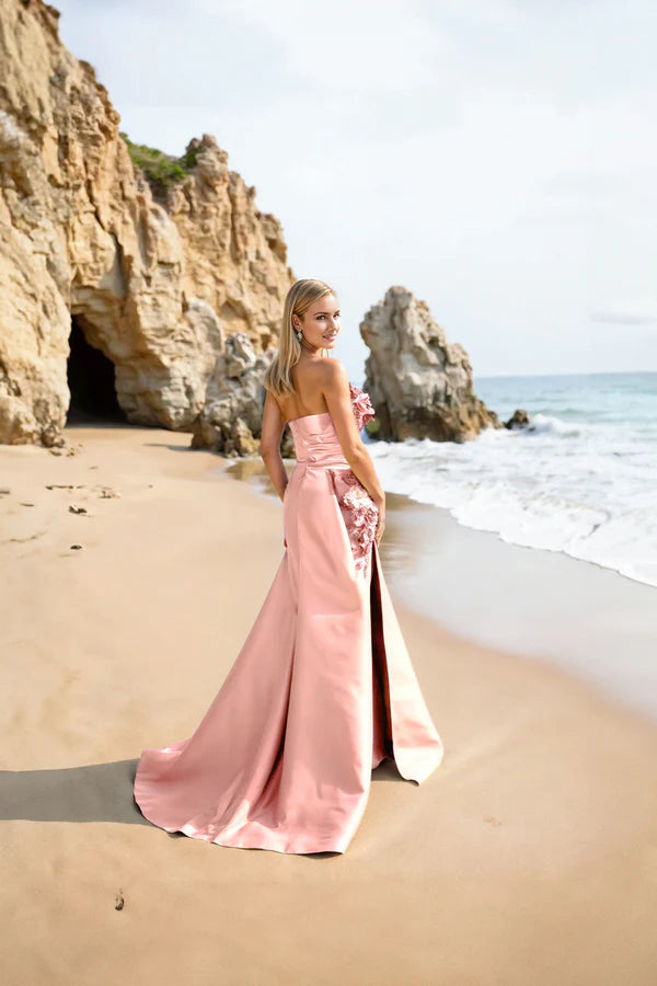 Blush Satin One-Shoulder 3D Floral Slit Train Maxi Evening Dresses
