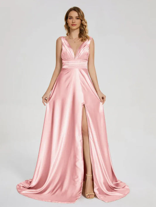 Blush V-back Soft Satin Prom Dress with Plunging  Ruched Waist and High Side Slit