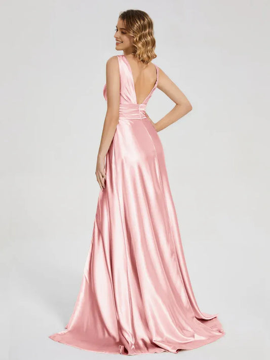 Blush V-back Soft Satin Prom Dress with Plunging  Ruched Waist and High Side Slit
