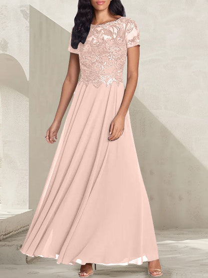 A-line short sleeved long bridal mother dress