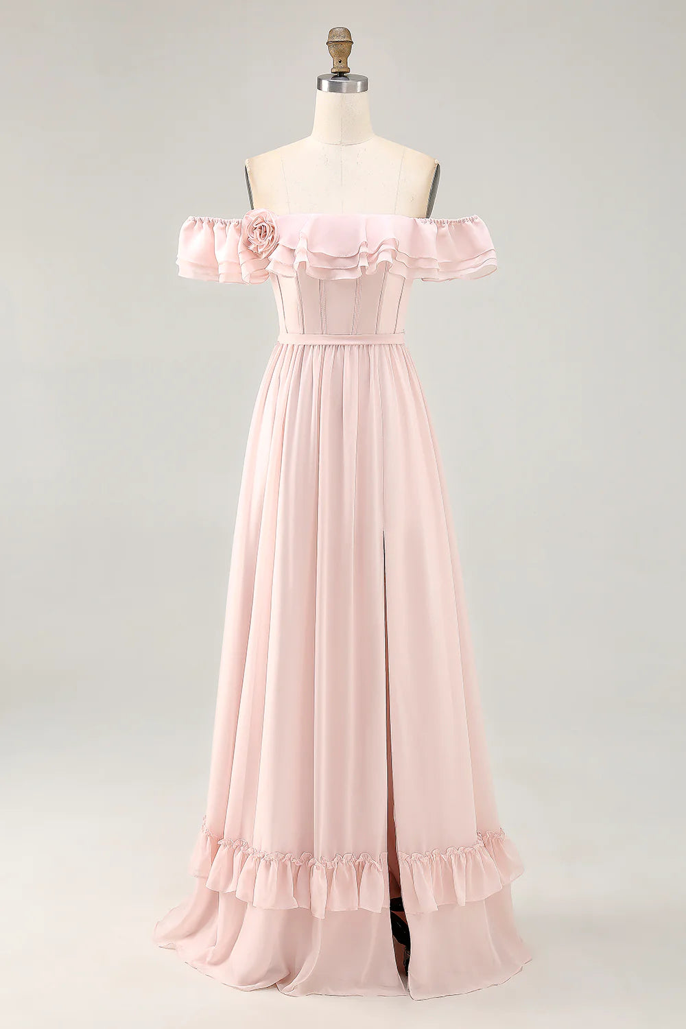 Blush A-line Off The Shoulder Chiffon Long Bridesmaid Dress with Slit