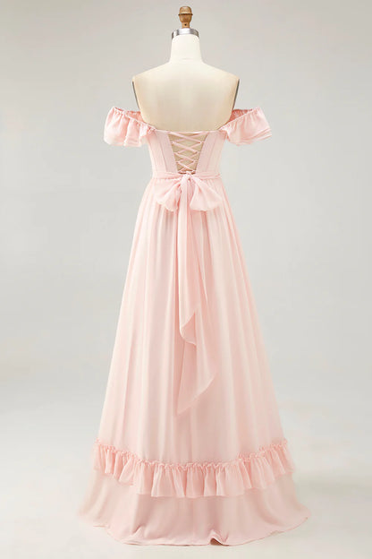 Blush A-line Off The Shoulder Chiffon Long Bridesmaid Dress with Slit