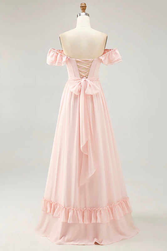 Blush A-line Off The Shoulder Chiffon Long Bridesmaid Dress with Slit