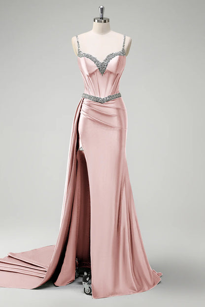 Mermaid fringe tight corset long ball dress with slit