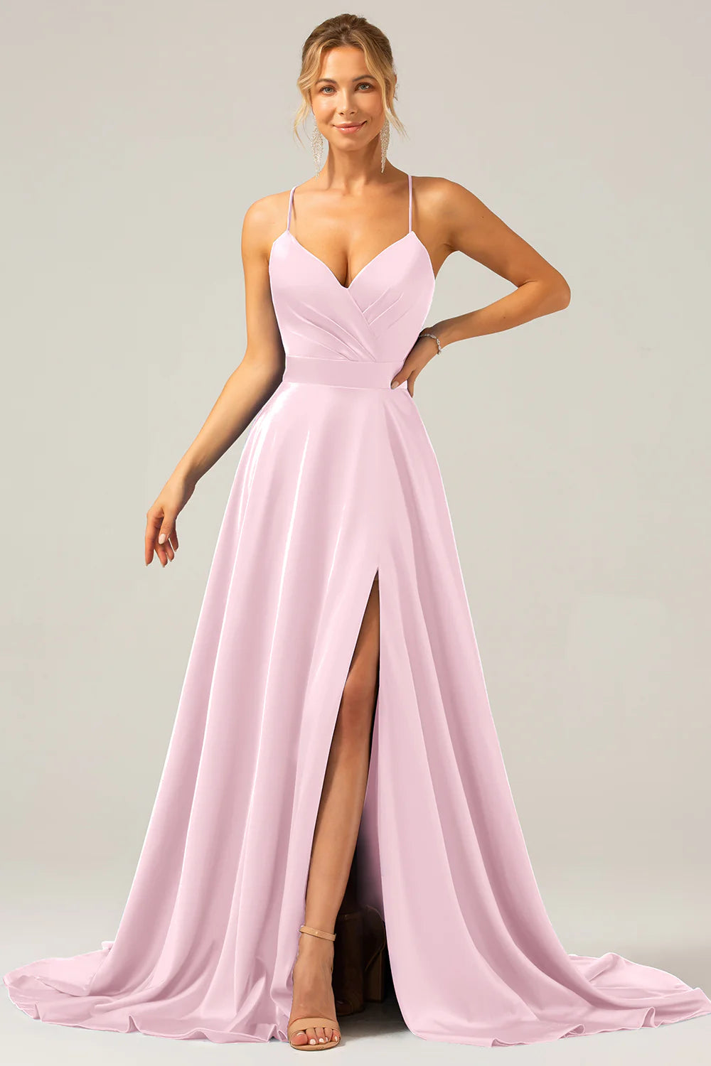 A-line V-neck pleated satin bridesmaid dress with slit