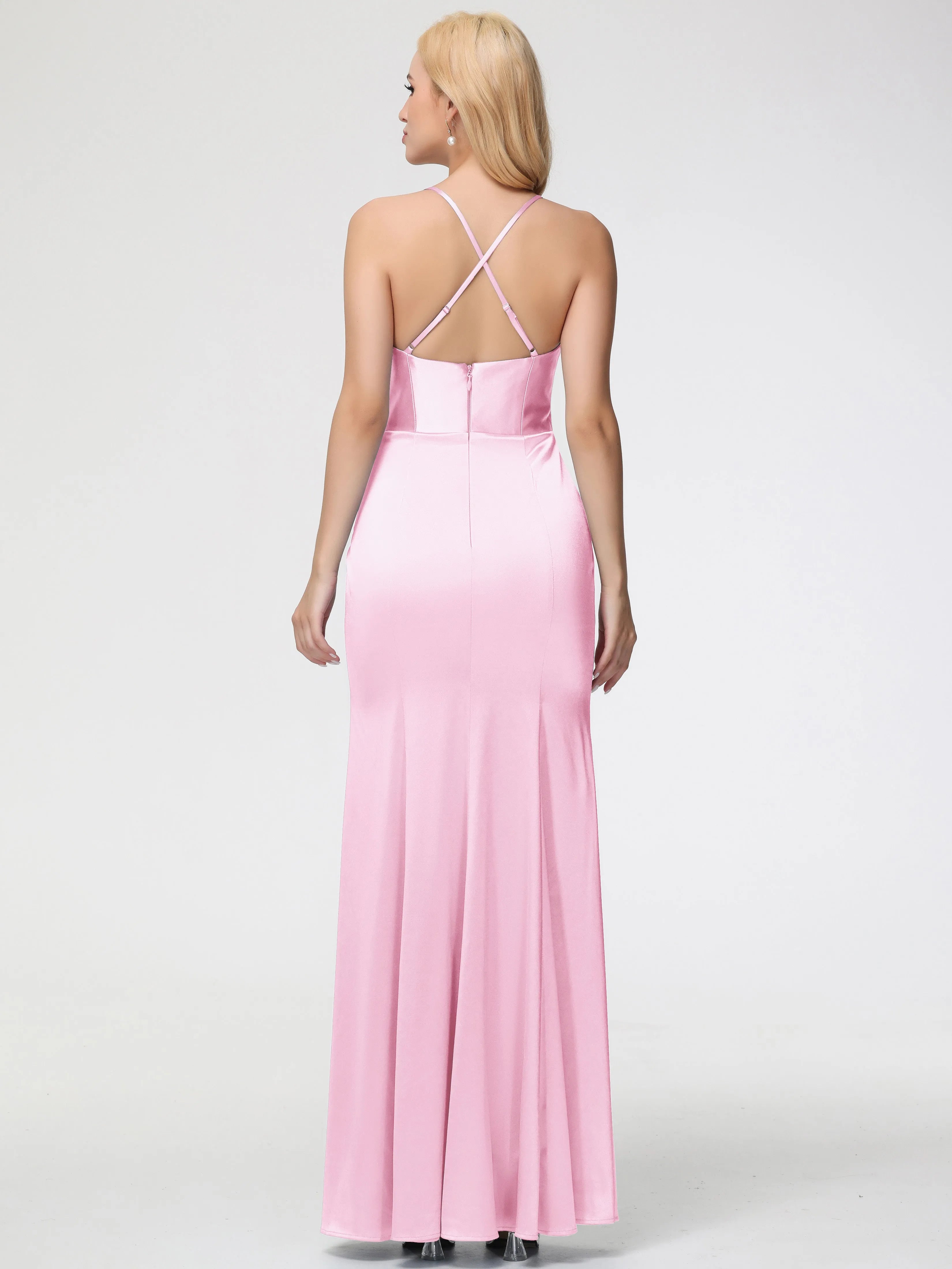 Blushing Pink Prom Dresses Sleeveless Cowl Spaghetti Straps Trumpet Mermaid Split Satin