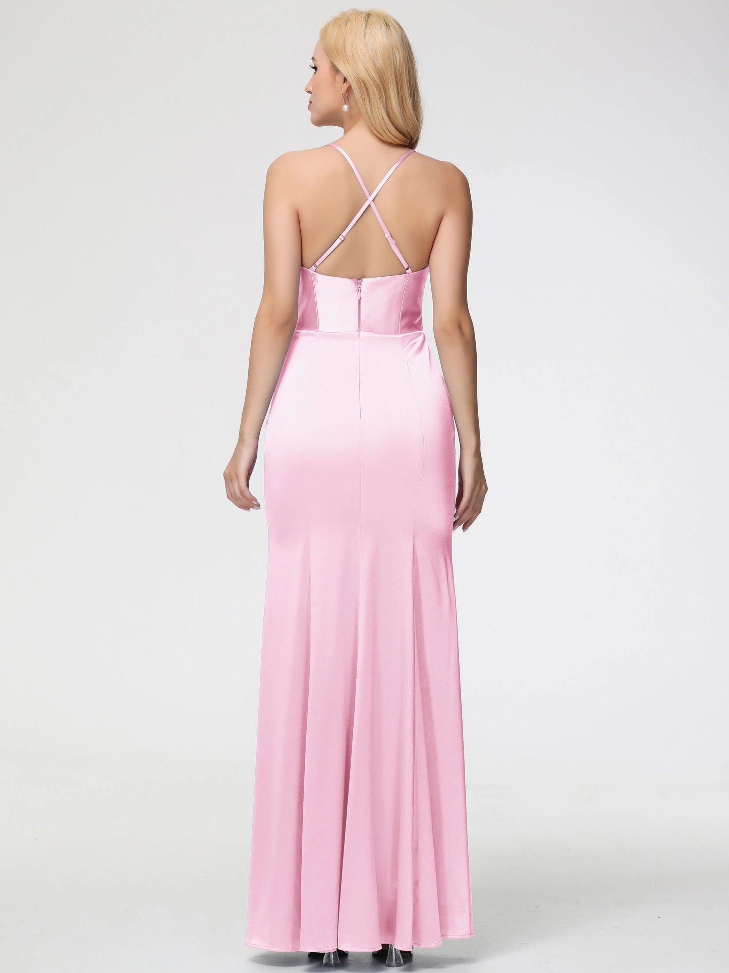 Blushing Pink Prom Dresses Sleeveless Cowl Spaghetti Straps Trumpet Mermaid Split Satin