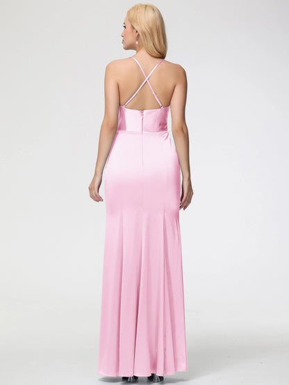 Blushing Pink Prom Dresses Sleeveless Cowl Spaghetti Straps Trumpet Mermaid Split Satin