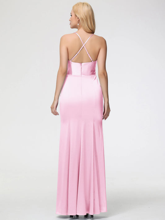 Blushing Pink Prom Dresses Sleeveless Cowl Spaghetti Straps Trumpet Mermaid Split Satin