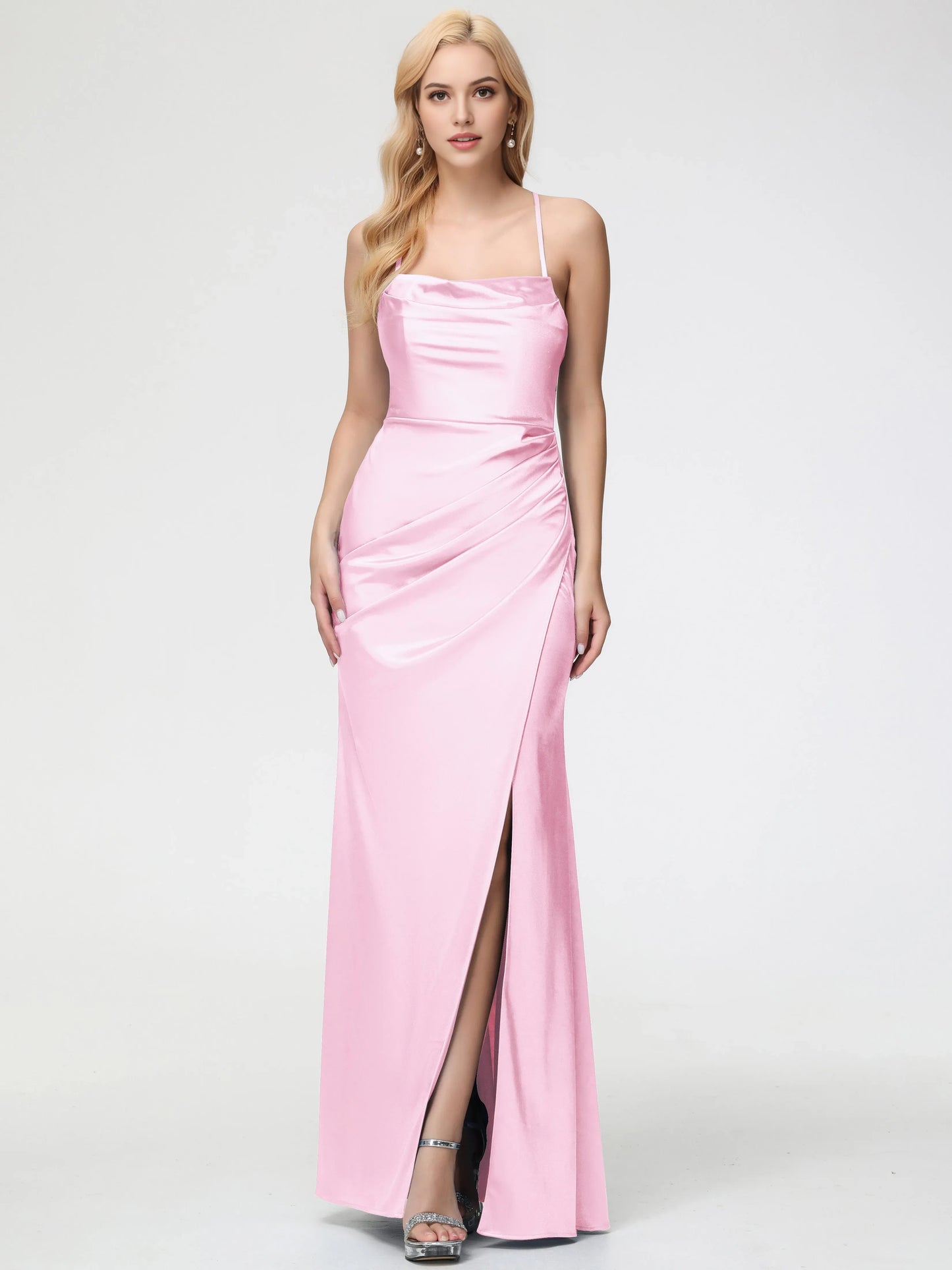 Blushing Pink Prom Dresses Sleeveless Cowl Spaghetti Straps Trumpet Mermaid Split Satin
