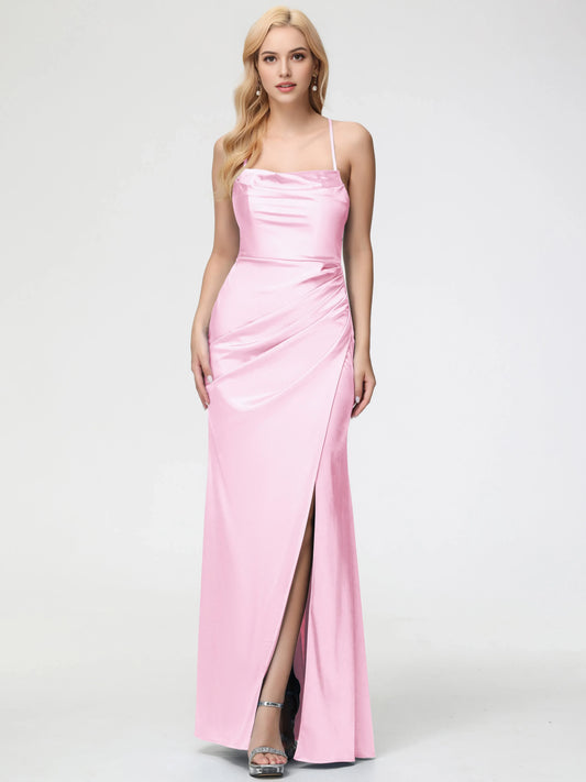 Blushing Pink Prom Dresses Sleeveless Cowl Spaghetti Straps Trumpet Mermaid Split Satin